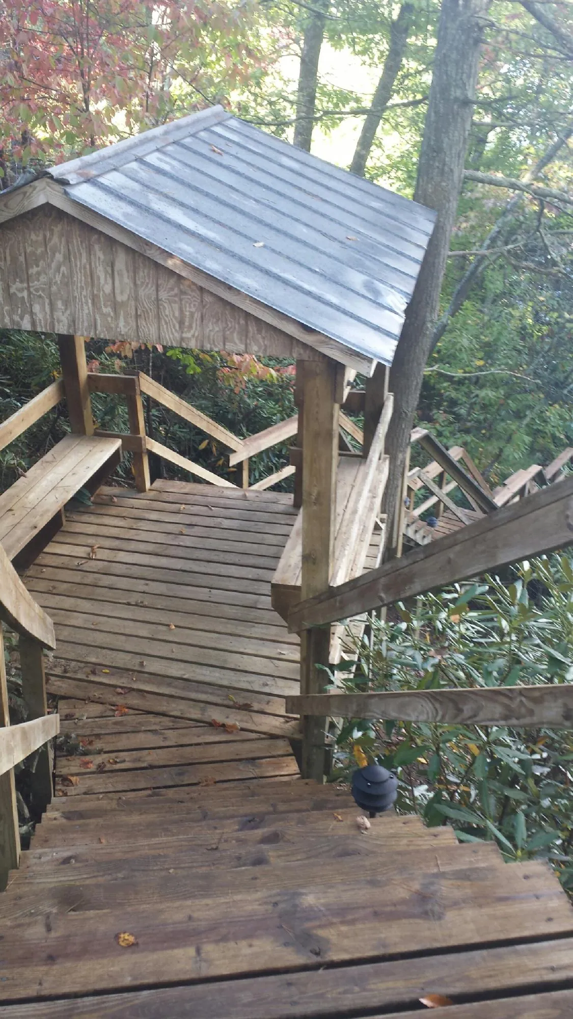 Metal roofed shelter over wooden steps on a wooded walkway — Skylight Repair & Installation work by our crew in Spraggs